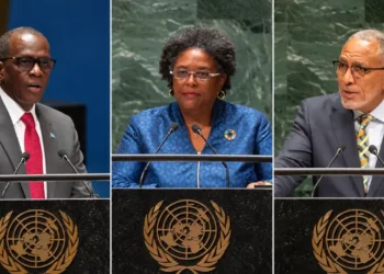 UN walkout denials: Composite of Philip J. Pierre, Mia Mottley and Godwin Friday, from left, speaking at UN podiums.