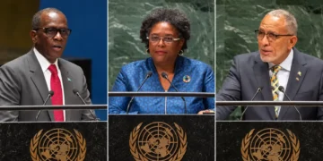 UN walkout denials: Composite of Philip J. Pierre, Mia Mottley and Godwin Friday, from left, speaking at UN podiums.