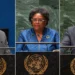 UN walkout denials: Composite of Philip J. Pierre, Mia Mottley and Godwin Friday, from left, speaking at UN podiums.