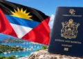 Antigua CIP Suspension illustration showing an Antigua and Barbuda passport beside the national flag overlooking a Caribbean harbor.