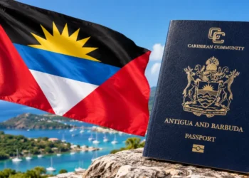 Antigua CIP Suspension illustration showing an Antigua and Barbuda passport beside the national flag overlooking a Caribbean harbor.