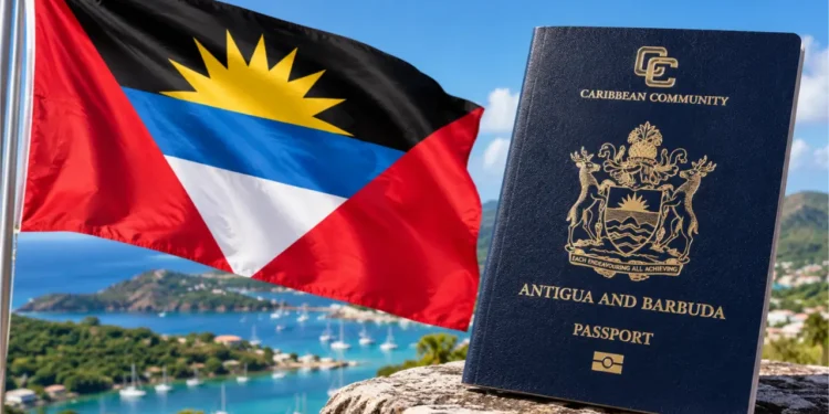 Antigua CIP Suspension illustration showing an Antigua and Barbuda passport beside the national flag overlooking a Caribbean harbor.