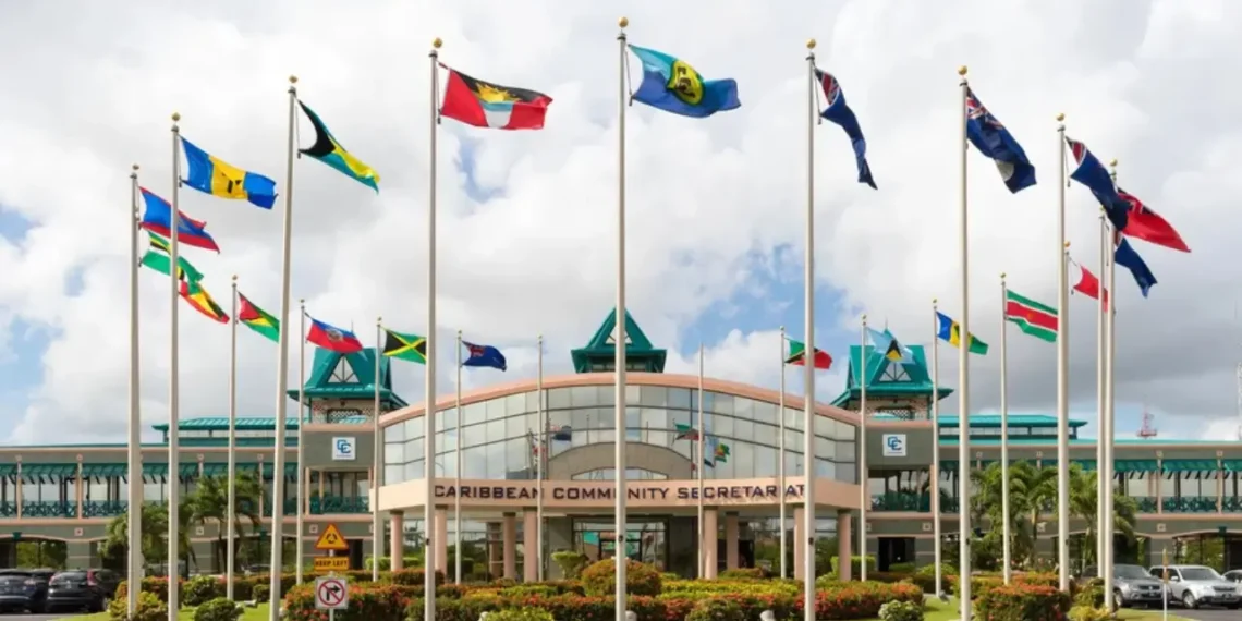 CARICOM Secretariat headquarters in Georgetown, Guyana, with national flags flying outside the building, representing CARICOM free movement and regional integration.