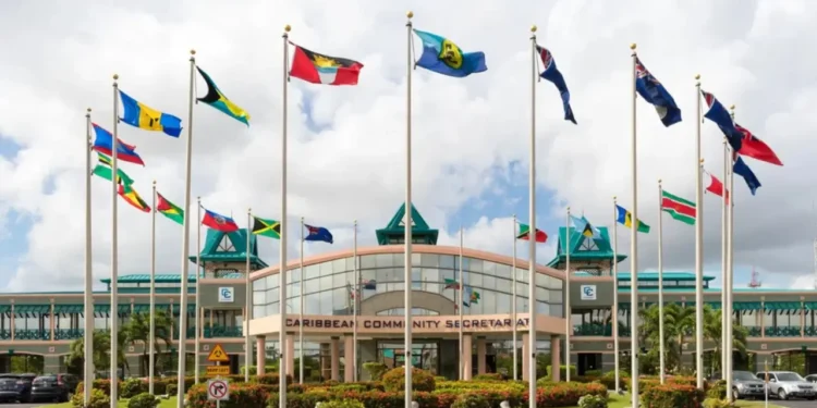 CARICOM Secretariat headquarters in Georgetown, Guyana, with national flags flying outside the building, representing CARICOM free movement and regional integration.