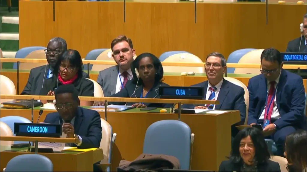 Cuban delegation seated behind the Cuba nameplate during the 2026 Cuba embargo vote at the United Nations.