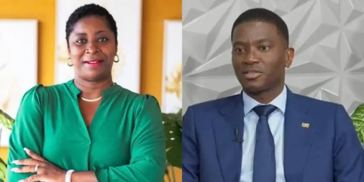 Portraits of Grenada election party leaders Emmalin Pierre, left, in a green blouse with her arms crossed, and Prime Minister Dickon Mitchell, right, in a blue suit speaking.