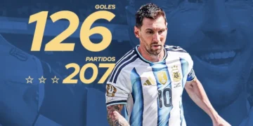 Lionel Messi retirement graphic showing Argentina captain with 126 goals and 207 international appearances