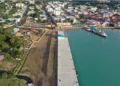 Aerial view of St John's port waterfront infrastructure amid the Antigua US port dispute over Chinese technology.