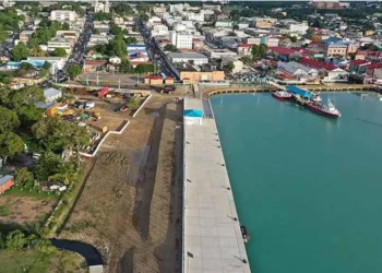 Aerial view of St John's port waterfront infrastructure amid the Antigua US port dispute over Chinese technology.