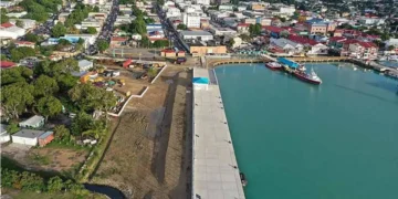 Aerial view of St John's port waterfront infrastructure amid the Antigua US port dispute over Chinese technology.