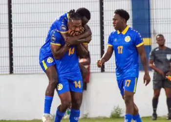 Caniggia Elva celebrating for St Lucia, archival image illustrating St Lucia vs Guadeloupe coverage.
