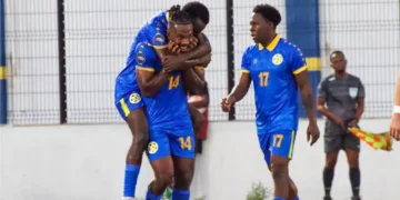 Caniggia Elva celebrating for St Lucia, archival image illustrating St Lucia vs Guadeloupe coverage.