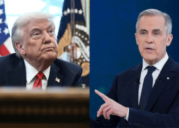 Side-by-side composite of Donald Trump and Mark Carney illustrating the U.S.-Canada trade war.