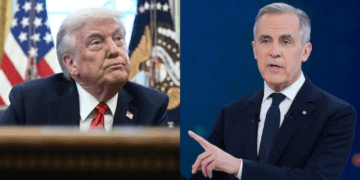 Side-by-side composite of Donald Trump and Mark Carney illustrating the U.S.-Canada trade war.