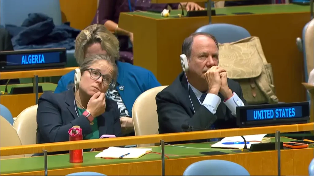 US delegation seated at the United Nations during proceedings on the 2026 Cuba embargo vote.